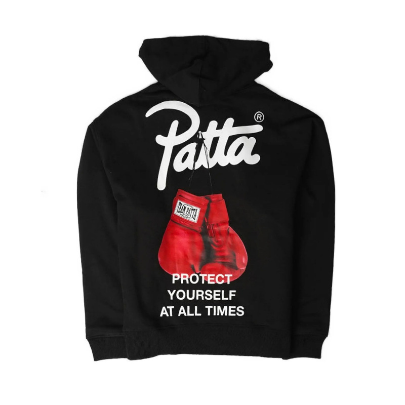 26 Years Early Autumn New Black Hooded Sweatshirt with Boxing Glove Print, American Street Style Casual Men's Pullover