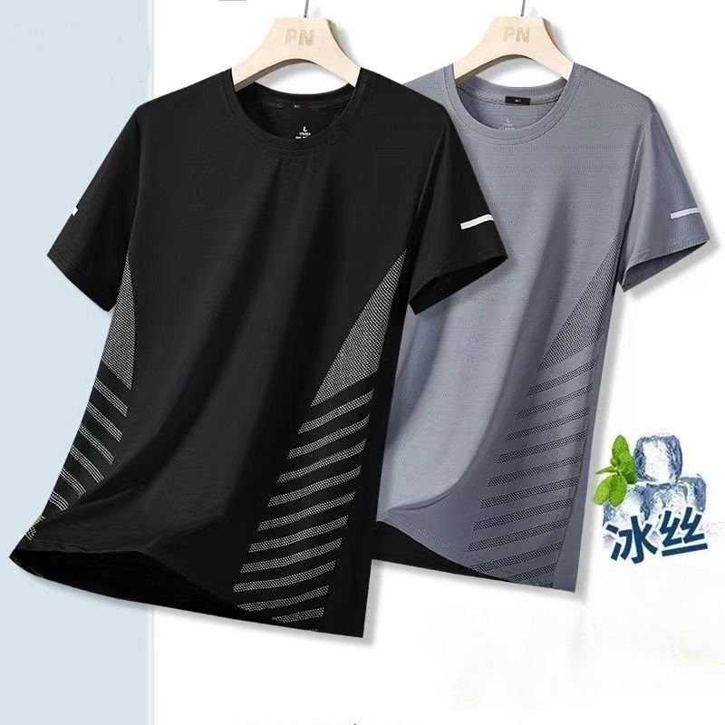 Camiseta de manga corta de secado rápido de seda de hielo para hombres, ropa fina de verano, transpirable con cuello redondo, camiseta deportiva juvenil suelta y fresca