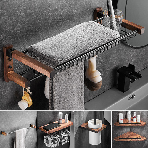 Light luxury solid wood bathroom foldable towel rack towel rack hanging bathroom storage rack black bathroom set