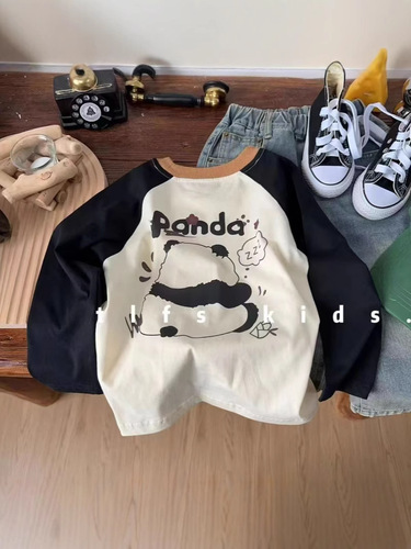 Boys' Spring Top 2025 Long-Sleeve Set-In Shoulder Children's Crew Neck Cartoon Top for Young Children Stylish and Versatile Splicing