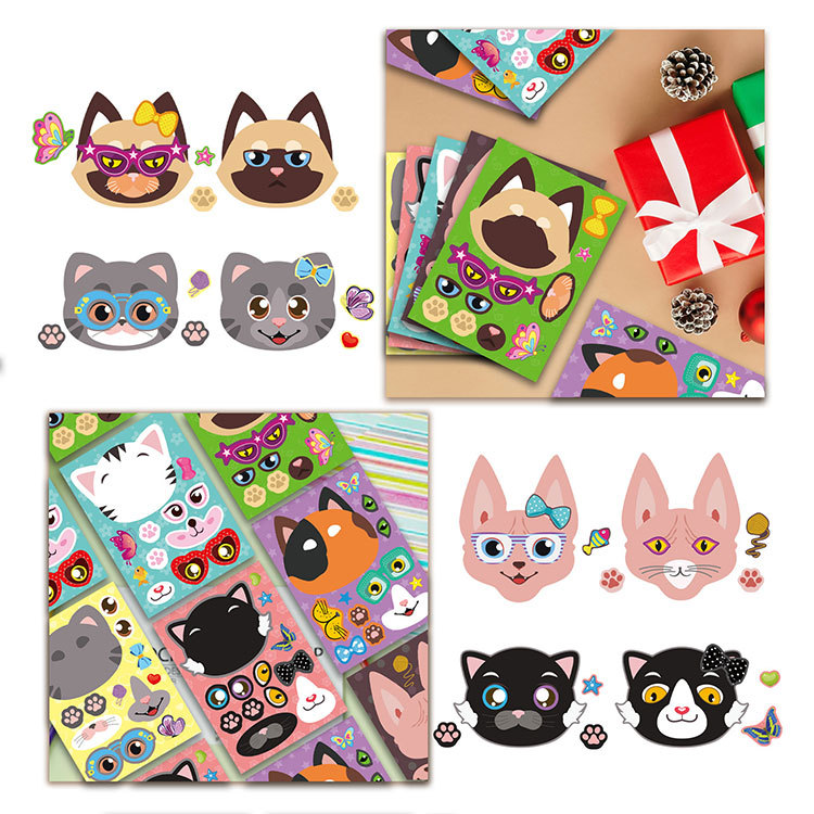 Gato DIY rompecabezas juego de los niños pegatinas de maquillaje de gato pegatinas de artesanía para niños Regalo de Cumpleaños pegatinas de fiesta