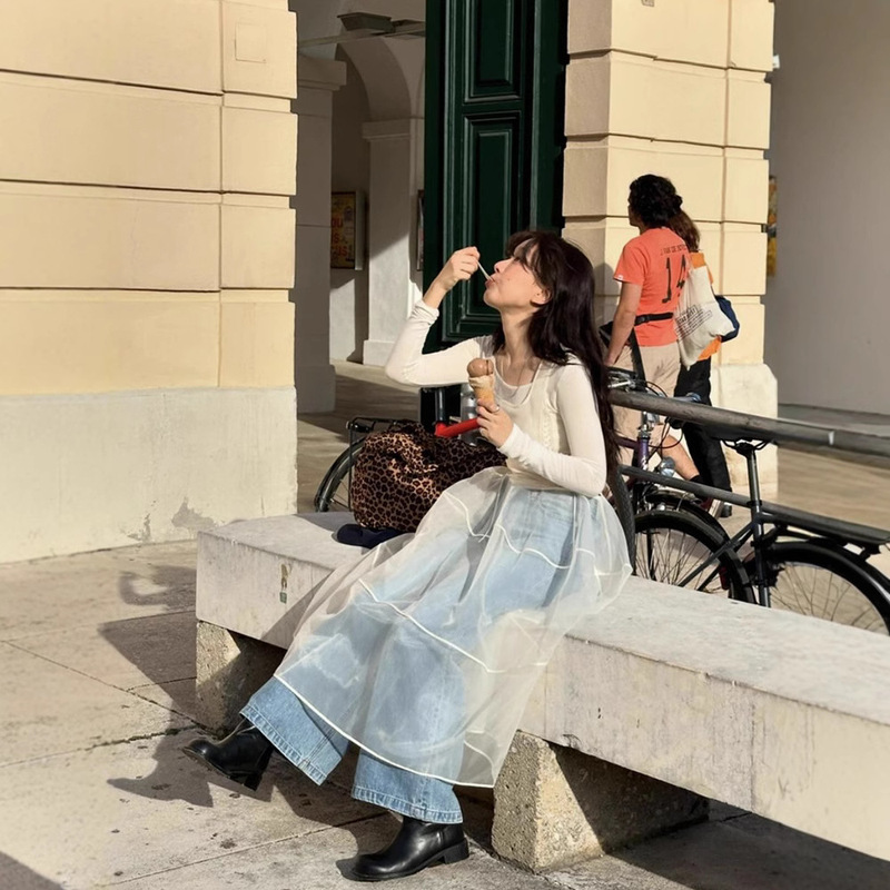 Spot Korean Lace Organza Dress Women's Long Spring & Fall Elegant High-End Fairy Skirt Flet*A