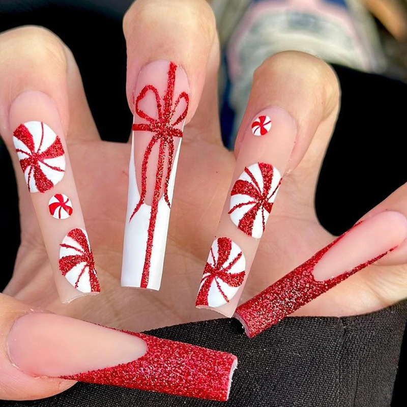 Christmas theme red French style long wear nail nail patch bow snowflake fake nail nail sticker
