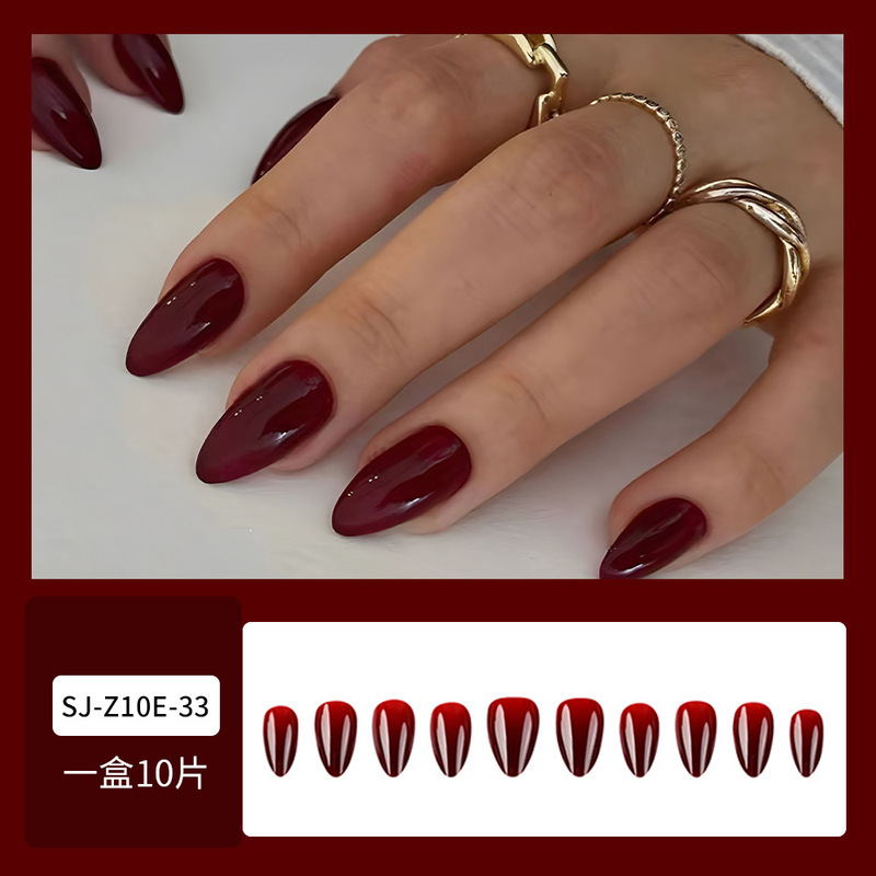 10 Pieces of Simple Cross-Border Wearable Nails, Burgundy Pure Color Nails, Almond Nails, Elegant Nail Patches