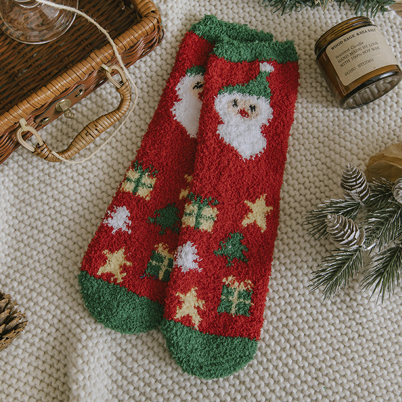 Calcetines de Felpa para Piso Vellón de Coral y Poliéster Térmico, Secado Rápido, Engrosado para Navidad