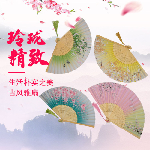 bamboo qualitative two antique green folding fan smiled fan children gifts, Qipao dress chinese folk dance fans 