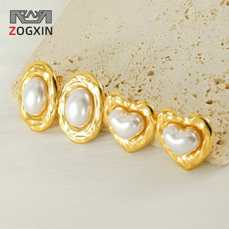 简约百搭爱心形椭圆形钛钢珍珠耳钉女气质设计感轻奢风不锈钢耳饰