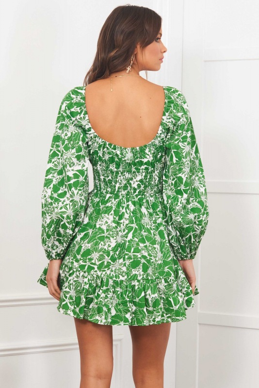 square neck open back printed long-sleeved dress NSJRM135690