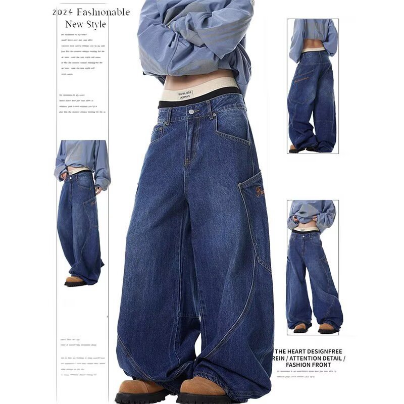 American Retro Design Large Pocket Scimitar Jeans for Men and Women, New Summer Style Loose Wide-Leg Embroidered Floor-Length Pants American Retro Design Large Pocket Scimitar Jeans for Men and Women, New Summer Style Loose Wide-Leg Embroidered Floor-Length Pants