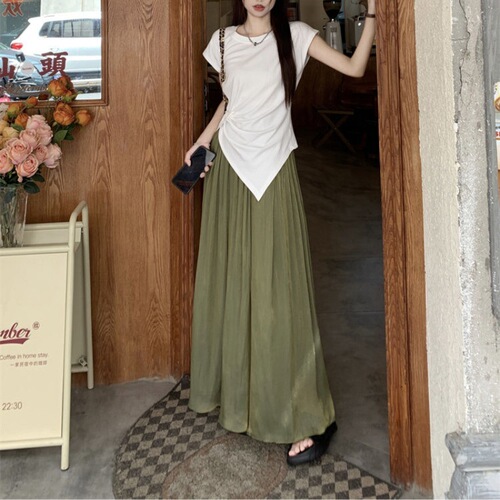 Fashionable suit for women with irregular design short-sleeved T-shirt 2025 summer high-waist wide-leg pants skirt two-piece set