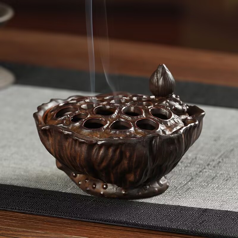 仿古纯铜莲蓬檀香炉禅意沉香盘香炉香插焚香炉茶道居室香薰炉摆件