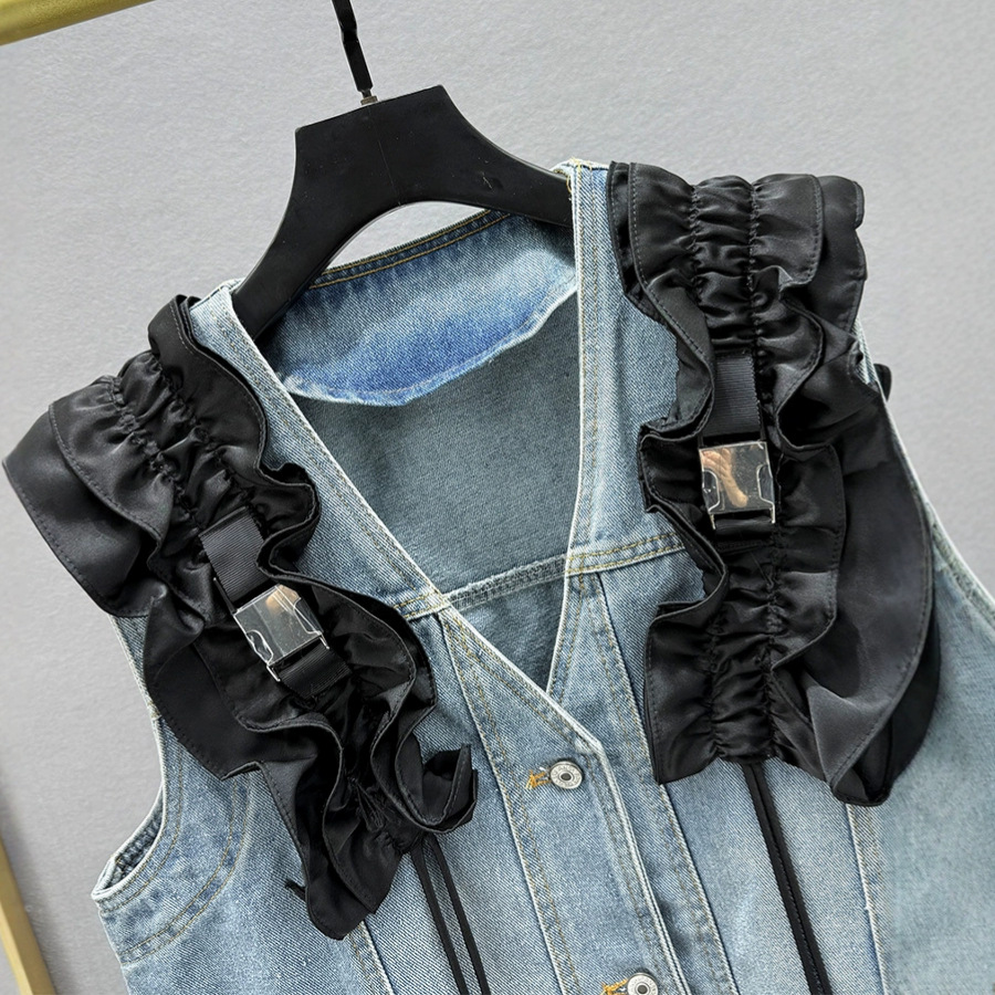 Los productos europeos de diseño de empalme de hojas de loto sin mangas chaleco de vaqueros primavera y verano 2025 nuevo estilo de empalme de moda de la industria pesada clip image 3