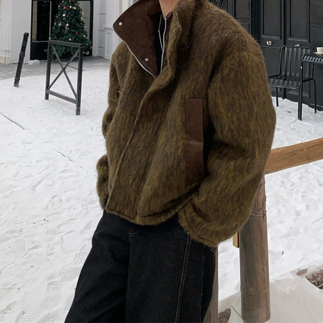 Korean Style High Street Plush Brown Stand Collar Casual Jacket Winter Trendy Brand Popular Cotton Coat Cool Top Korean Style High Street Plush Brown Stand Collar Casual Jacket Winter Trendy Brand Popular Cotton Coat Cool Top