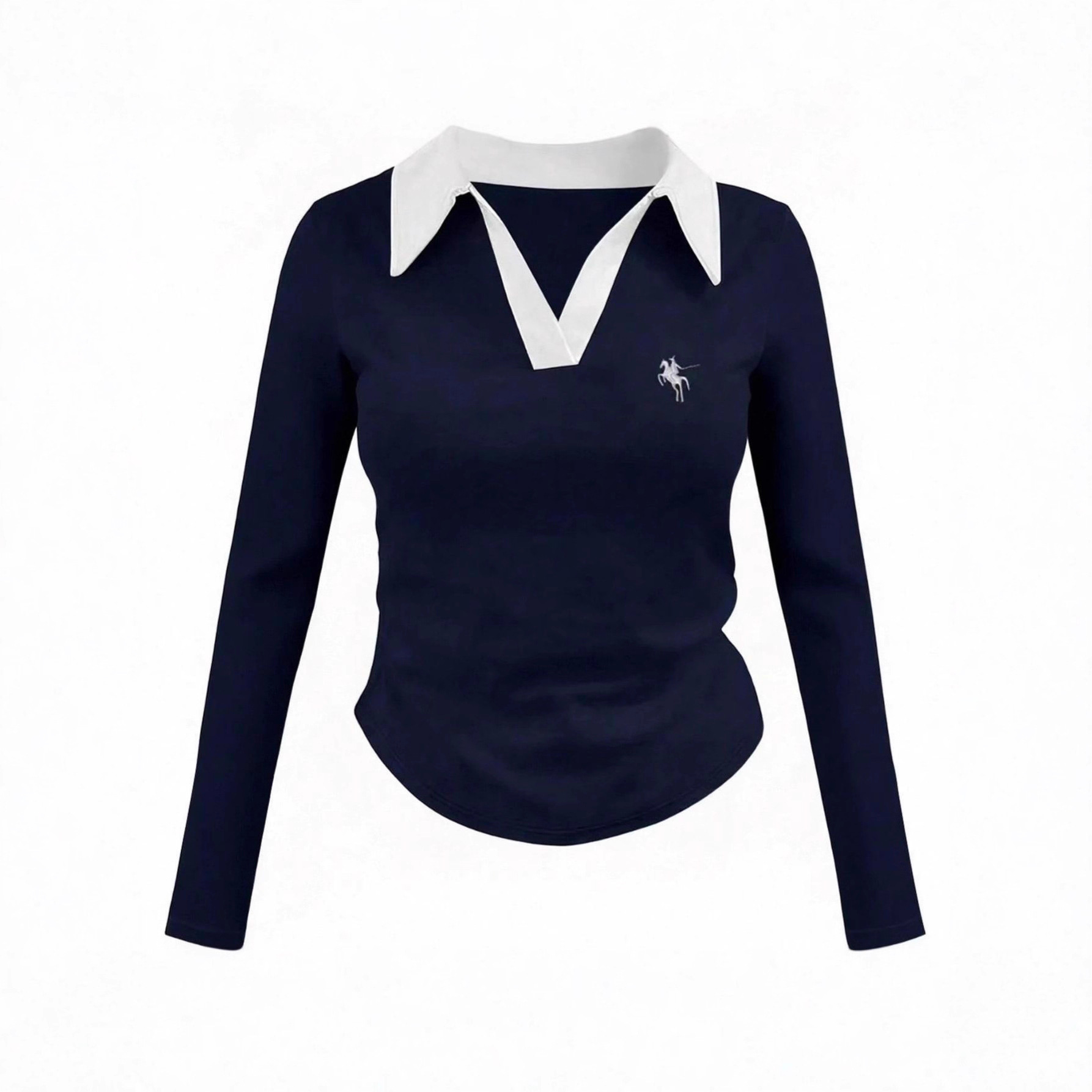 Women's Slim Fit Long Sleeve Polo Shirt Embroidered Knight Design Casual Versatile Top for Fall_ecoleips.com
