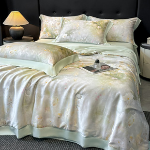 Super Cool Lenzing Tencel Summer Cool Quilt Four-Piece Set A-Type Pink Floral Ice Silk Air-Conditioned Quilt Thin Quilt Machine Washable 4