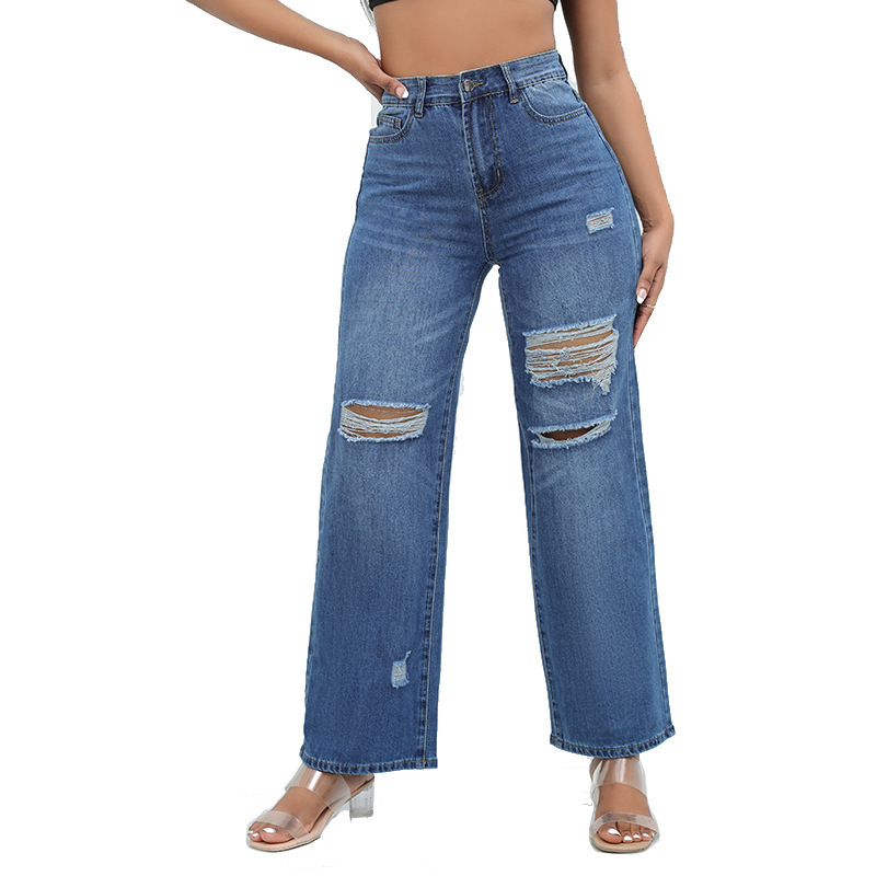 Jeans de Pierna Ancha para Mujer de Mezclilla de Algodón, Con Rasgados, De Alta Elasticidad