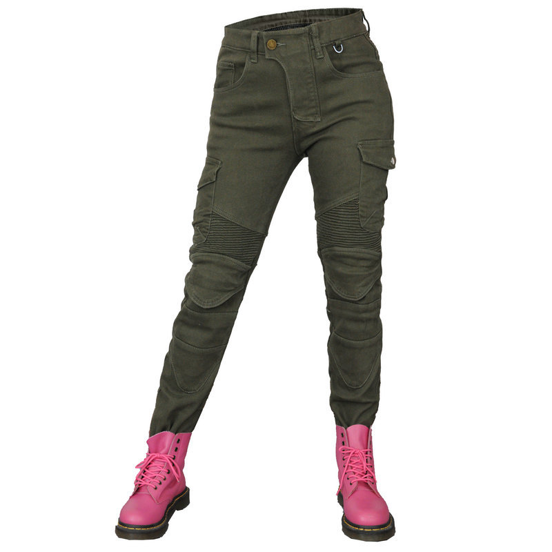 Directo de fábrica VOLERO ejército verde casual forrado de lana pantalones de la motocicleta pantalones vaqueros de la motocicleta de carreras de invierno pantalones para las mujeres
