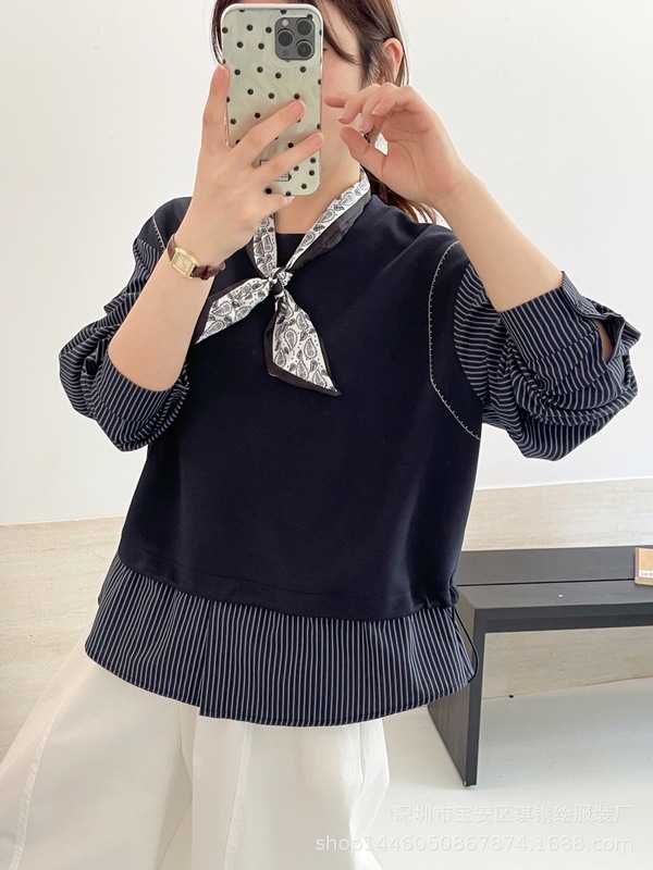 琪镌绘制早秋2025新款高级条纹衬衫拼接假两件女装长袖卫衣85173|undefined