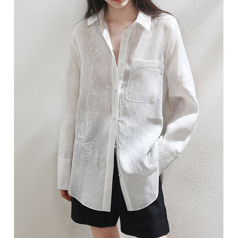 【MB Order】Elegant Linen Long-Sleeve Shirt with Exquisite Beading and Sequin Embroidery, Commuting Top for Women, Casual Blouse
