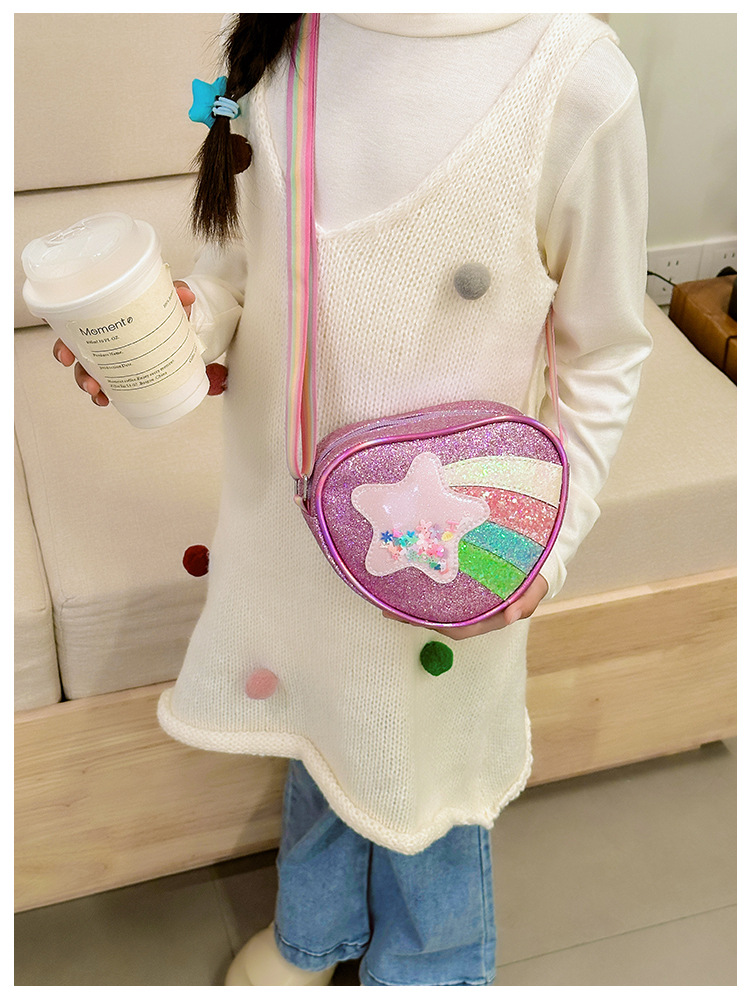 178g Weight Polyester Lining Material Zipper Closure Type Single Shoulder Strap Strap Type Shoulder Bag, Crossbody Bag Bags Type Daily Occasion Pu Leather Material Star, Stripe Pattern All Seasons Season Kid'S Gender Cute Style Heart-shaped Shape Kid'S Pu Leather Star Stripe Cute Heart-shaped Zipper Shoulder Bag Crossbody Bag 14