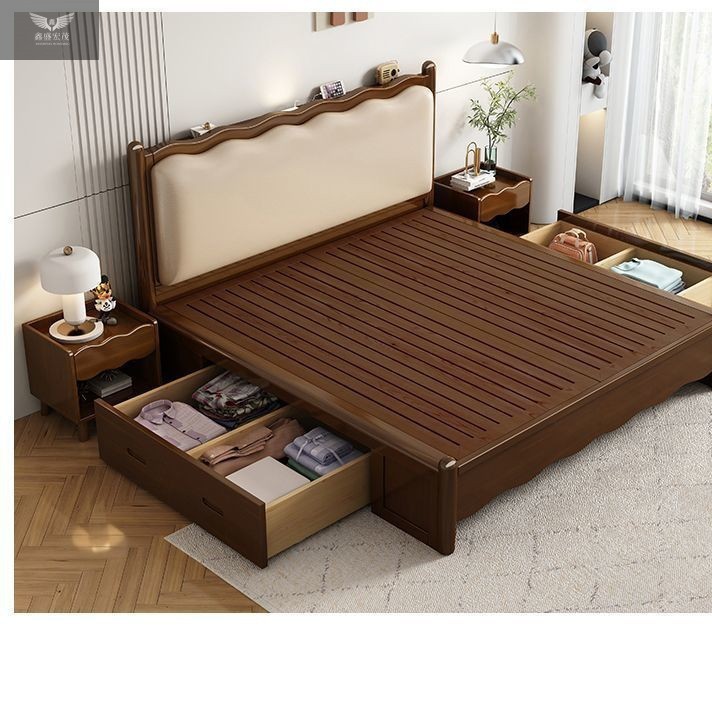 Cama de madera maciza estilo chino estilo medieval simple y moderna 1.5m cama de envoltura suave dormitorio principal color nuez pequeña casa 1.8m cama doble