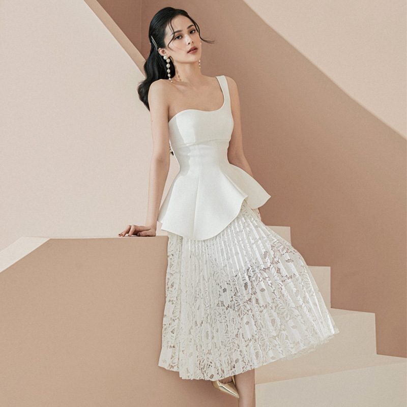 Spring and Summer Celebrity Elegant One-shoulder Asymmetric Fake Two-piece Mid-length Suit Dinner Party White Dress Women