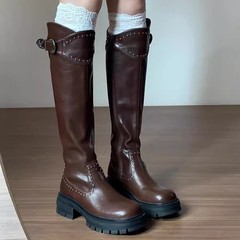 棕色厚底机车骑士靴女秋冬2025新款超火长筒靴百搭高级感