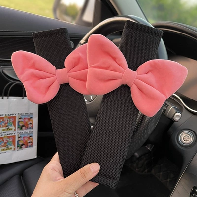 Car Protective Cover, Girls' Car – Seat belt shoulder pad - pink-bow-black-ice-silk-shoulder-pads-2-pack