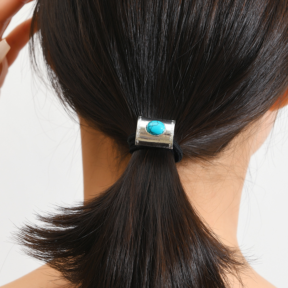 Comercio exterior nuevo bohemia dulce anillo de cabello de alta elasticidad cuerdas de cuero de cola de caballo retro turquesa anillo de cabello clips de cabello mujeres