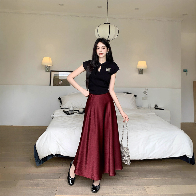 Summer Acetate Satin High-Waisted Slim-Fit Skirt for Women, Elegant and Slimming A-Line Long Skirt 5988 # Summer Acetate Satin High-Waisted Slim-Fit Skirt for Women, Elegant and Slimming A-Line Long Skirt 5988 #