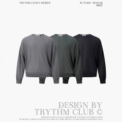 TRYTHMCLUB 高级风肌理感一字领宽松长袖针织毛衣情侣T恤上衣男