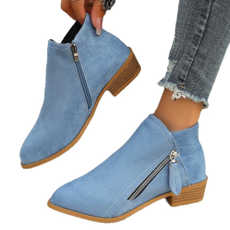 ShoeVault 2023 New Cross-Border Trade Side Zipper Plus Size Martin Short Pointed Toe Mid Heel Square Root Low Tube Women's Boots_voghion.com