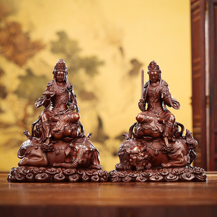 Copper Manjushri and Samantabhadra Bodhisattva Sitting Statue Home Office Desktop Mini Huayan Three Saints Buddha Crafts Decoration