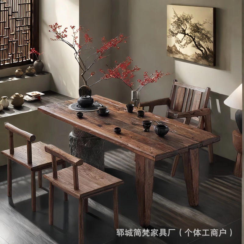 北方老榆木茶桌长方形围炉煮茶桌家用实木炭火炉烧水壶茶几生态桌|undefined