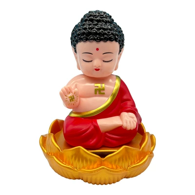 Solar-Powered Lotus Base Buddha Head Car ornaments - red-tathagata
