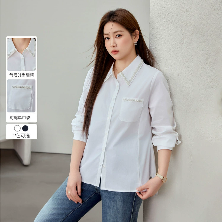 [Тяжелый промышленный гвоздь бисер дизайн чувство свободного дикая рубашка] Funny Show большой размер женский толстый mm2025 весенний стиль новый