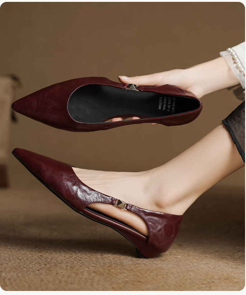 Sandal nữ da cừu mũi nhọn gót thấp hở mũi kiểu Hàn Quốc — đen chi tiết 9