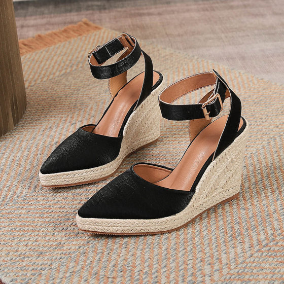 AliExpress European and American New Wedge Thick-soled High-heeled Pointed Sandals Women's Straw-woven Hemp Rope Bottom Amazon Cross-border Foreign Trade