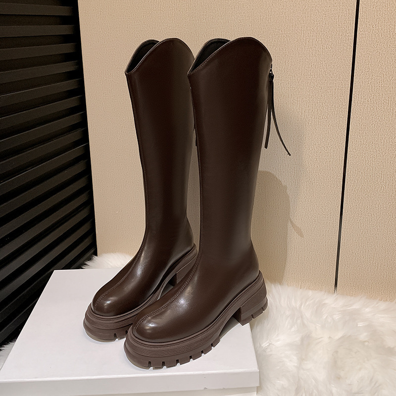 Retro Thick-Soled Boots V-Mouth High Boots for Women Stiletto Heels Fleece-Lined Elastic Slim Back Zipper Knight