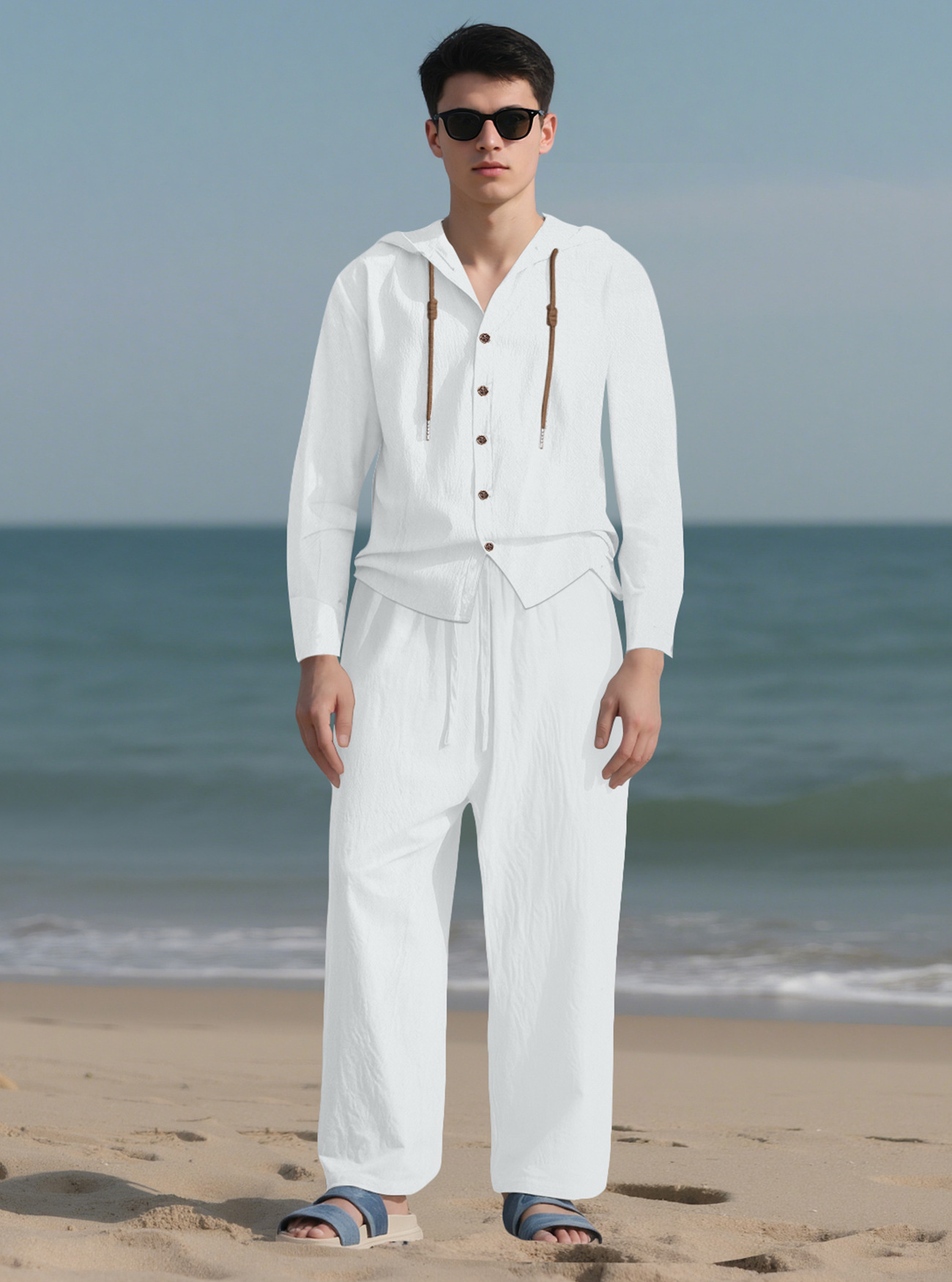 Camisa casual de manga larga de color sólido para hombres europeos y americanos transfronterizos Cárdigan de algodón y lino con cordón con capucha Traje de pantalones de algodón y lino sueltos