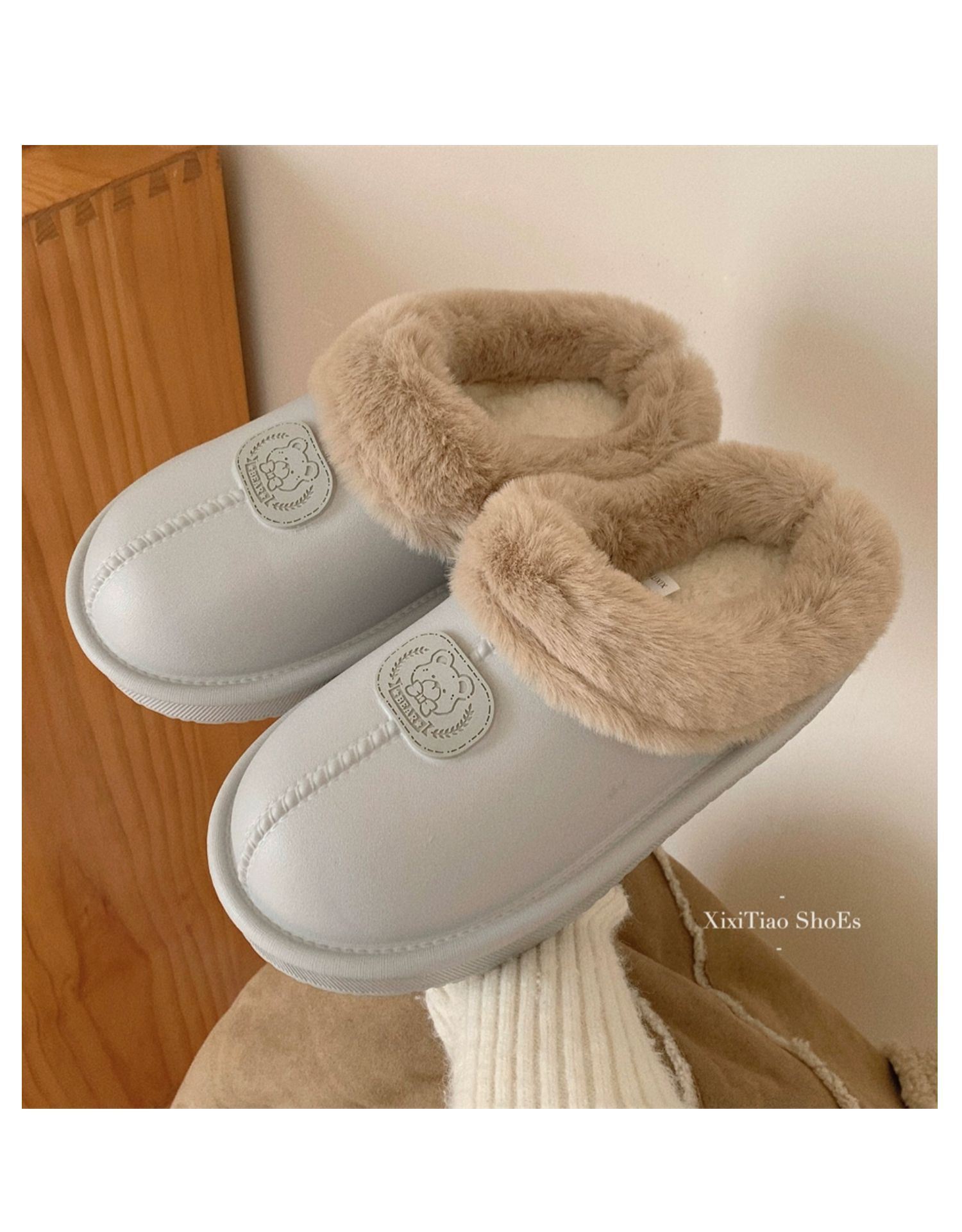 Korėjietiško stiliaus madingi drabužiai viduje ir lauke su pašiltinimu ir patogiomis medvilninėmis šlepetėmis, pliušiniu minkštu padu, paprasti_voghion.com