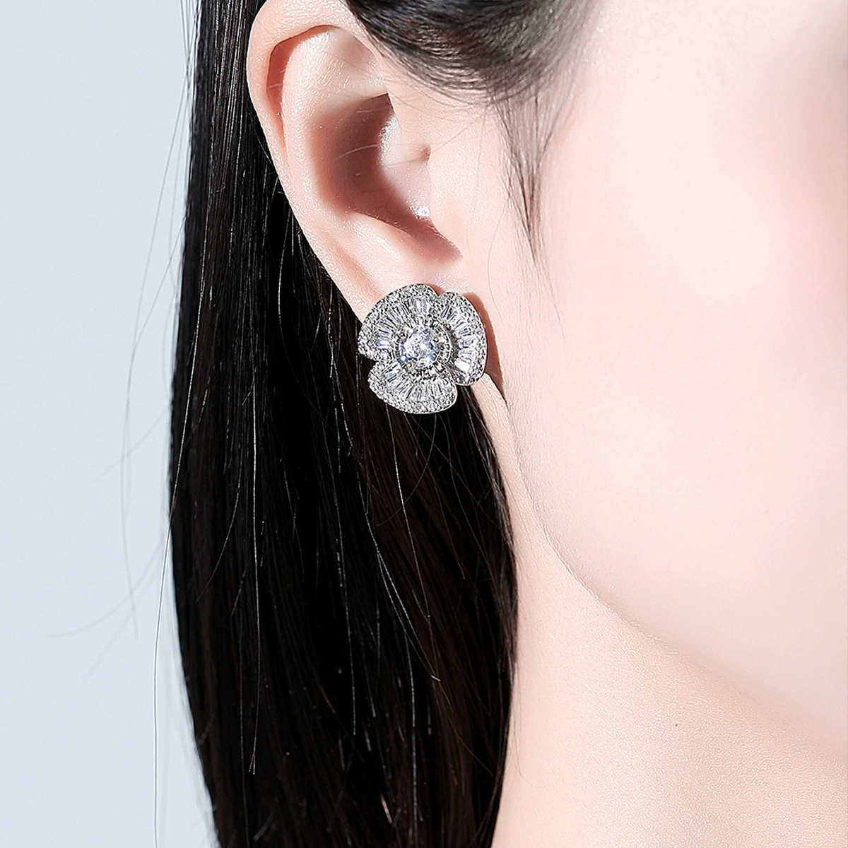 Серебрин Earrings, медь модная циркония, инкрустированный драгоценными камнями, корейский стиль, с цветами, оптовая продажа
