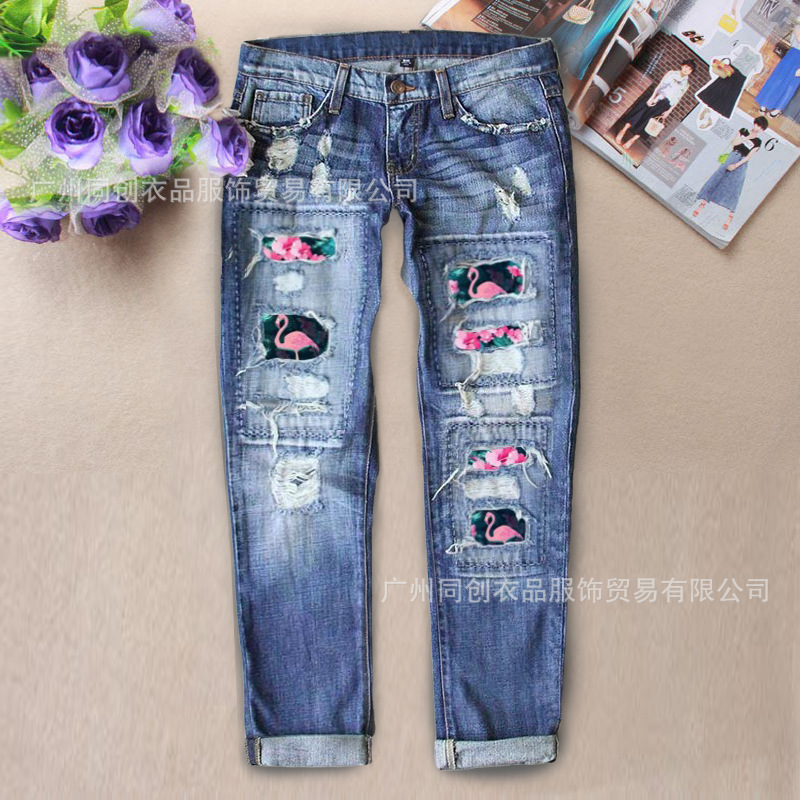 Temu European and American New Style Cross-Border Amazon Aliexpress Straight-Leg Pants Casual Flamingo Print Ripped Jeans for Women Temu European and American New Style Cross-Border Amazon Aliexpress Straight-Leg Pants Casual Flamingo Print Ripped Jeans for Women