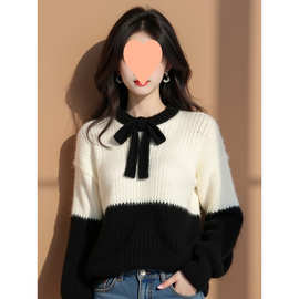 黑白撞色粗线毛衣女秋冬2024新款慵懒高级感小香风蝴蝶结针织上衣