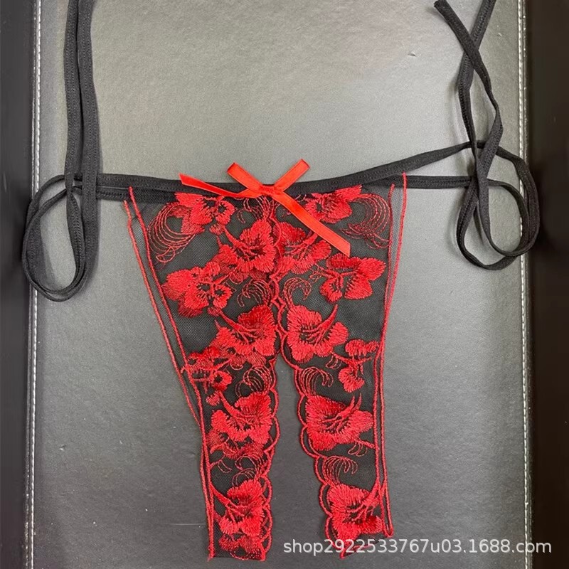 Lace-up thong sexy black transparent ultra-thin lace red flower temptation perspective open crotch women's underwear low waist T pants Lace-up thong sexy black transparent ultra-thin lace red flower temptation perspective open crotch women's underwear low waist T pants