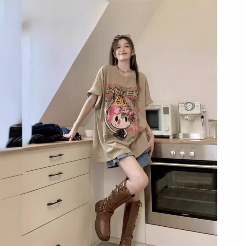 150kg Plus Size Fat MM American Retro Trendy Brand Right Shoulder Short-sleeved T-shirt Women's Summer Loose Mid-length Half-sleeved Top