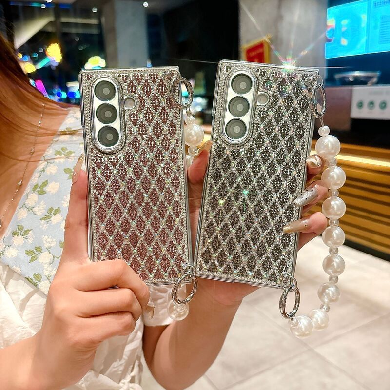 Suitable for Export Samsung Zflip 30% off Stacked Mobile Phone Case Electroplated Quilted Pattern Zflip6/5/4 Crystal Diamond Protective Cover