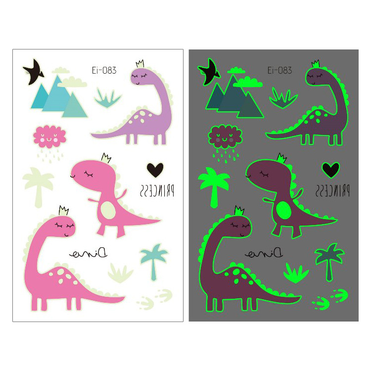 Suministro transfronterizo nuevo dinosaurio luminoso tatuaje pegatinas niños dibujos animados diversión pegatinas luminosas pegatinas temporales del tatuaje