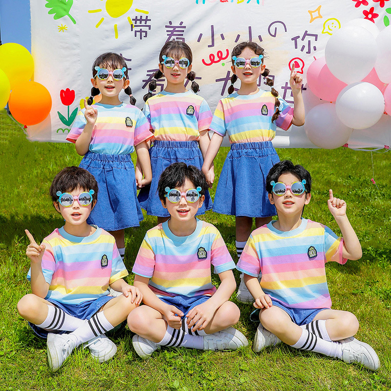 幼兒園園服夏季彩虹條紋棉質短袖運動班服小學生校服畢業照演出服