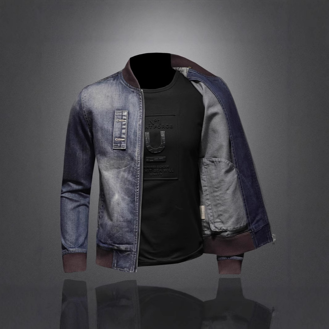 High-End Retro Stand Collar Trendy Brand Spring Autumn New European And American Motorcycle Jacket Men's Stylish Denim_voghion.com